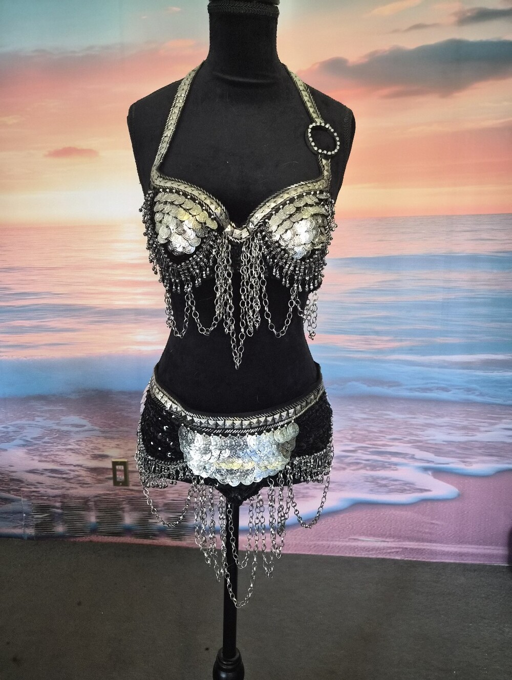 Silver Metallic Hooded Belly Dance Costume Set with Chains